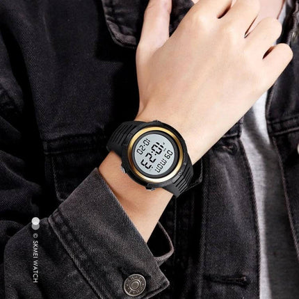 SKMEI Dual Time Display Luminous Watch with Alarm Function shown on wrist with digital dual-time display and luminous backlight