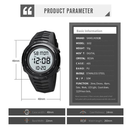 SKMEI Dual Time Display Luminous Watch with Alarm Function black digital watch showing dual time, luminous display and product parameters