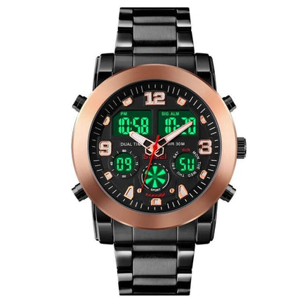 SKMEI Luminous Electronic Watch with Multi-Time Display and Alarm showing black metal band, rose-gold bezel, green luminous digital displays and analog hands