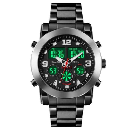 SKMEI Luminous Electronic Watch with Multi-Time Display and Alarm showing black metal band, luminous green digital displays, alarm and stopwatch features