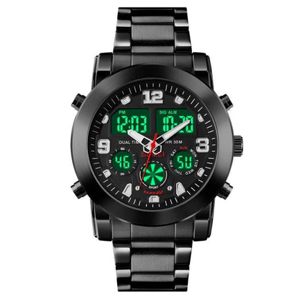 SKMEI Luminous Electronic Watch with Multi-Time Display and Alarm showing black metal band, green luminous digital displays and analog hands