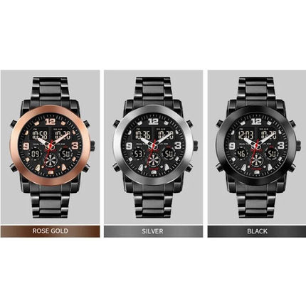 SKMEI Luminous Electronic Watch with Multi-Time Display and Alarm showing three color options: rose gold, silver, and black metal bracelet variants