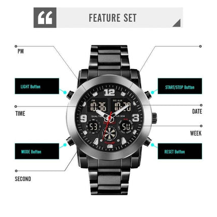 SKMEI Luminous Electronic Watch with Multi-Time Display and Alarm showing black metal band, dial features time, date, stopwatch and labeled function buttons