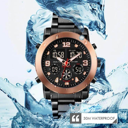 SKMEI Luminous Electronic Watch with Multi-Time Display and Alarm showing black metal band, rose gold bezel, digital-analog dial and 30M waterproof feature