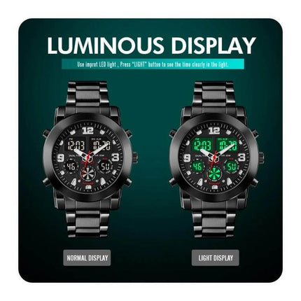 SKMEI Luminous Electronic Watch with Multi-Time Display and Alarm showing normal and light luminous digital displays on black metal band