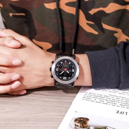 SKMEI Luminous Electronic Watch with Multi-Time Display and Alarm worn on wrist showing multi-time display, alarm icon, stopwatch and date