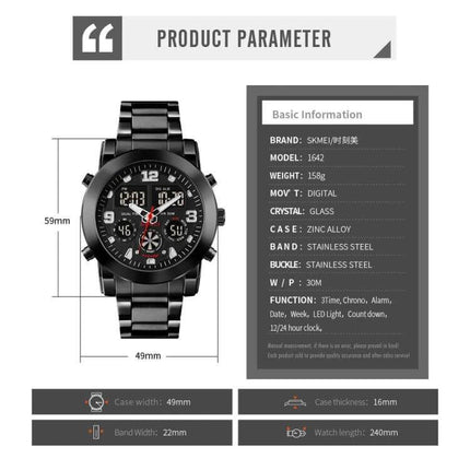 SKMEI Luminous Electronic Watch with Multi-Time Display and Alarm - black stainless steel digital chronograph with date, alarm, stopwatch