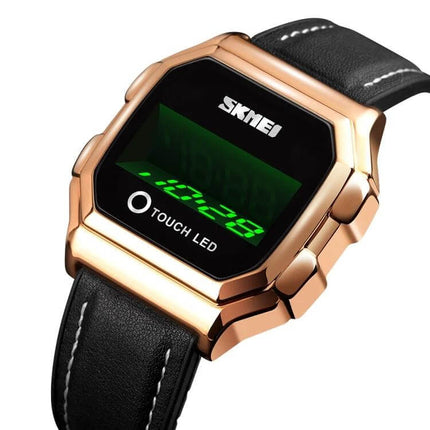 SKMEI LED Digital Watch with Leather Strap and Luminous Button - rose gold case, black leather strap, green LED display, touch LED button, waterproof