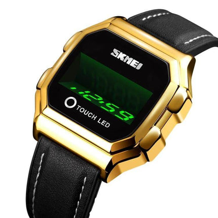 SKMEI LED Digital Watch with Leather Strap and Luminous Button showing gold case, black leather strap, green LED display and touch LED button