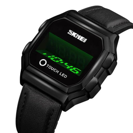 SKMEI LED Digital Watch with Leather Strap and Luminous Button showing green LED time, black case and leather band