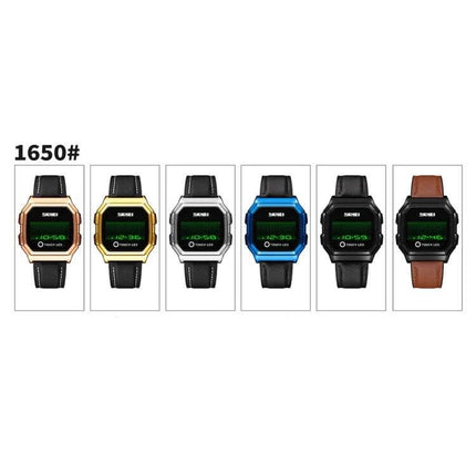 SKMEI LED Digital Watch with Leather Strap and Luminous Button showing six color variations with LED display and waterproof design