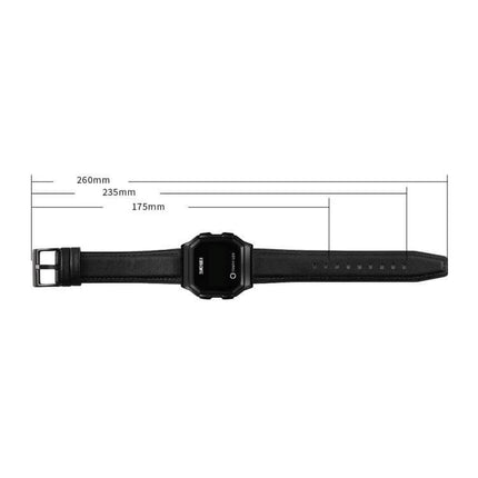 SKMEI LED Digital Watch with Leather Strap and Luminous Button showing black leather strap, LED face and length measurements for fit and waterproof use