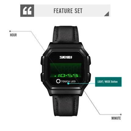 SKMEI LED Digital Watch with Leather Strap and Luminous Button showing black leather band, LED time display and touch luminous button
