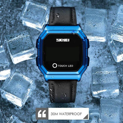 SKMEI LED Digital Watch with Leather Strap and Luminous Button showing blue case, leather strap, LED touch display and 30M waterproof on ice