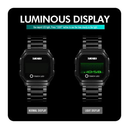 SKMEI LED Digital Watch with Leather Strap and Luminous Button showing normal and luminous LED touch display for easy night-time reading