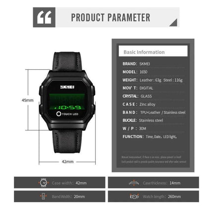 SKMEI LED Digital Watch with Leather Strap and Luminous Button showing black leather strap, LED display, dimensions and specs
