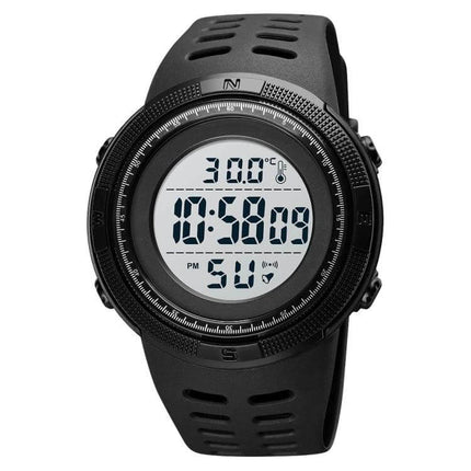 SKMEI LED Digital Watch with Date and Alarm Functions black sport watch showing time, date, temperature and stopwatch display