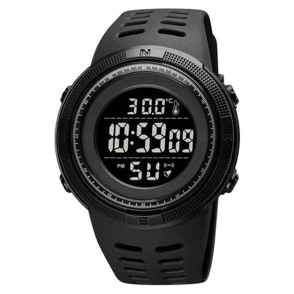 SKMEI LED Digital Watch with Date and Alarm Functions showing digital time, date, temperature and stopwatch on black sport display
