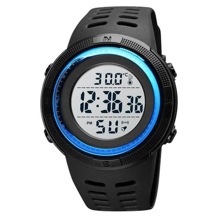 SKMEI LED Digital Watch with Date and Alarm Functions – black sports digital watch showing time, date, day, temperature, stopwatch and blue LED ring