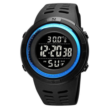 SKMEI LED Digital Watch with Date and Alarm Functions - black sports digital watch showing time, date, temperature and alarm icons