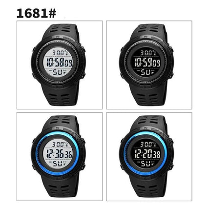 SKMEI LED Digital Watch with Date and Alarm Functions — black sports digital watch showing time, date, day, stopwatch and alarm options