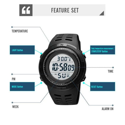 SKMEI LED Digital Watch with Date and Alarm Functions showing digital display, temperature, stopwatch, countdown, mode and reset buttons, alarm on