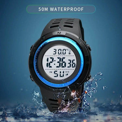 SKMEI LED Digital Watch with Date and Alarm Functions - black waterproof digital sports watch showing time, date, temperature and stopwatch display