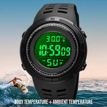 SKMEI LED Digital Watch with Date and Alarm Functions showing green LED display, time, date, temperature and stopwatch for outdoor use