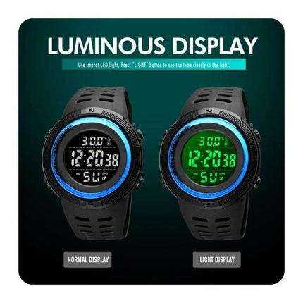 SKMEI LED Digital Watch with Date and Alarm Functions showcasing luminous normal and light display modes on black sport watch