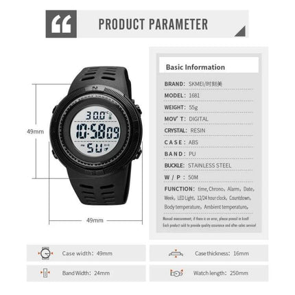 SKMEI LED Digital Watch with Date and Alarm Functions - black digital sports watch showing time, date, alarm, stopwatch and dimensions