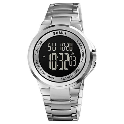 SKMEI Dual Time Digital Watch with Stainless Steel Strap showing digital dual-time display, stainless steel band and chronograph features
