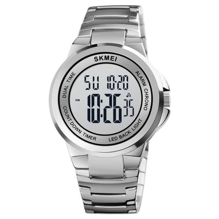 SKMEI Dual Time Digital Watch with Stainless Steel Strap showing digital dial, dual time, stopwatch, countdown and stainless steel band