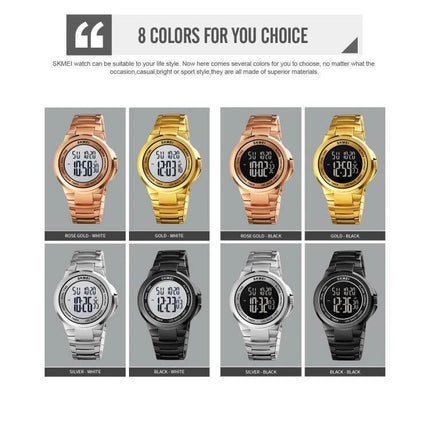 SKMEI Dual Time Digital Watch with Stainless Steel Strap gallery showing 8 color options including rose gold, gold, silver and black variations