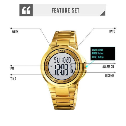 SKMEI Dual Time Digital Watch with Stainless Steel Strap gold digital dial showing dual time, date, alarm, stopwatch and stainless steel strap