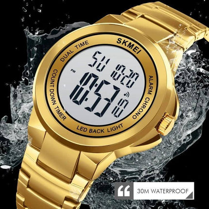 SKMEI Dual Time Digital Watch with Stainless Steel Strap gold digital watch showing dual time, waterproof, stopwatch and LED backlight
