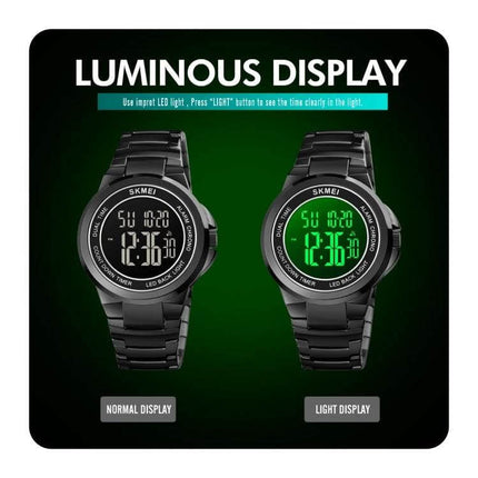 SKMEI Dual Time Digital Watch with Stainless Steel Strap showing luminous green LED light and normal display for dual time tracking