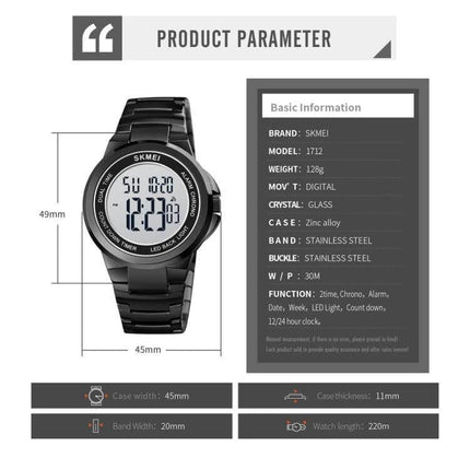 SKMEI Dual Time Digital Watch with Stainless Steel Strap black stainless steel strap dual time display stopwatch countdown