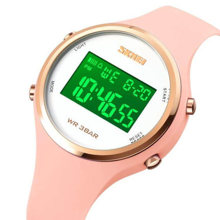 SKMEI Digital Watch for Everyday Timekeeping with Silicone Strap pink silicone smartwatch with green digital display and rose gold bezel