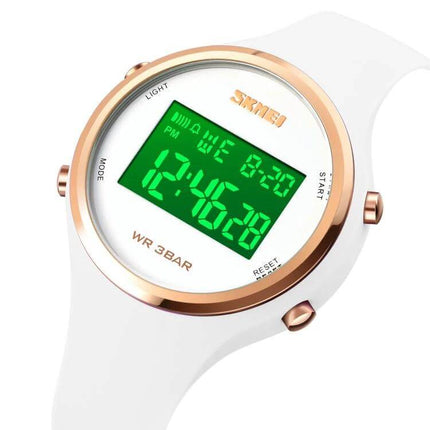 SKMEI Digital Watch for Everyday Timekeeping with Silicone Strap white silicone watch with green digital display and rose gold bezel