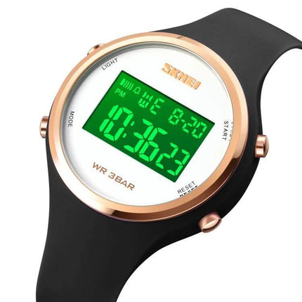 SKMEI Digital Watch for Everyday Timekeeping with Silicone Strap - black silicone band, rose gold bezel, green digital display, 30m waterproof