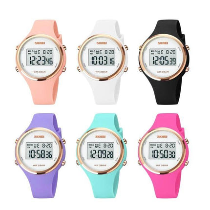 SKMEI Digital Watch for Everyday Timekeeping with Silicone Strap in assorted colors showing digital display and 30m water resistance