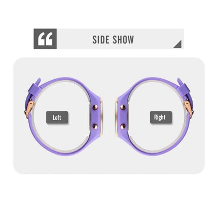 SKMEI Digital Watch for Everyday Timekeeping with Silicone Strap showing left and right purple silicone strap side views
