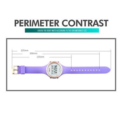 SKMEI Digital Watch for Everyday Timekeeping with Silicone Strap showing purple silicone band and perimeter measurements (135mm, 200mm, 225mm)