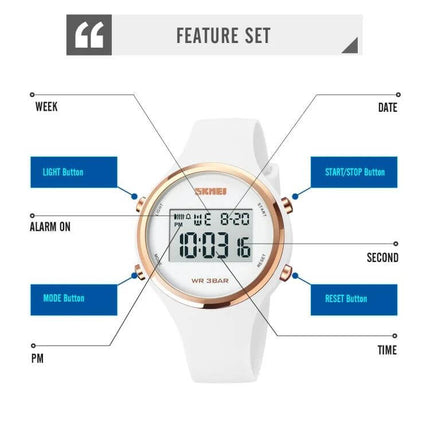 SKMEI Digital Watch for Everyday Timekeeping with Silicone Strap showing digital display, labeled buttons (light, mode, start/stop, reset) and features