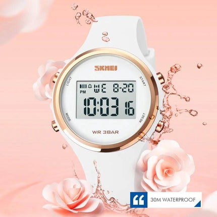 SKMEI Digital Watch for Everyday Timekeeping with Silicone Strap white silicone digital watch with 30m waterproof and rose gold bezel