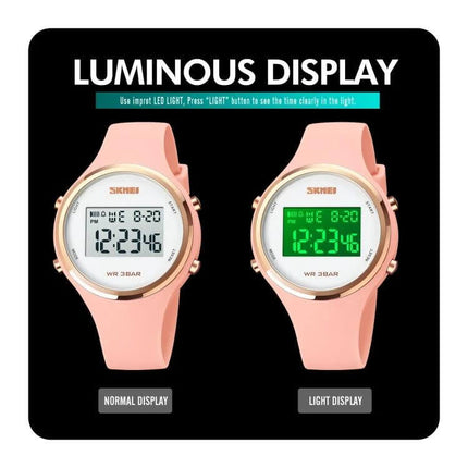 SKMEI Digital Watch for Everyday Timekeeping with Silicone Strap showing normal and luminous light display on pink silicone band
