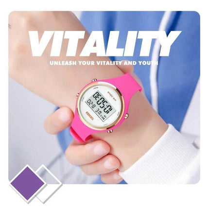 SKMEI Digital Watch for Everyday Timekeeping with Silicone Strap - pink silicone strap digital watch on wrist, 30m waterproof, alarm and date display