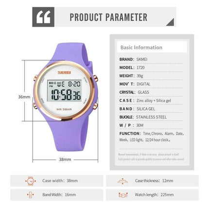 SKMEI Digital Watch for Everyday Timekeeping with Silicone Strap showing purple silicone band, digital display, 30m waterproof, 38mm case
