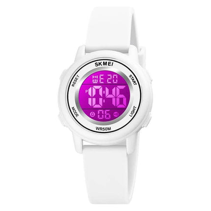SKMEI Waterproof Digital Watch with LED Display and Silicone Strap white model showing purple LED time display, 50m waterproof silicone band