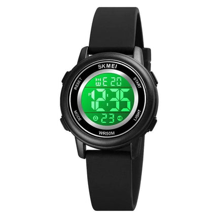 SKMEI Waterproof Digital Watch with LED Display and Silicone Strap - black silicone strap, round LED face, 50m waterproof, lightweight everyday sports watch